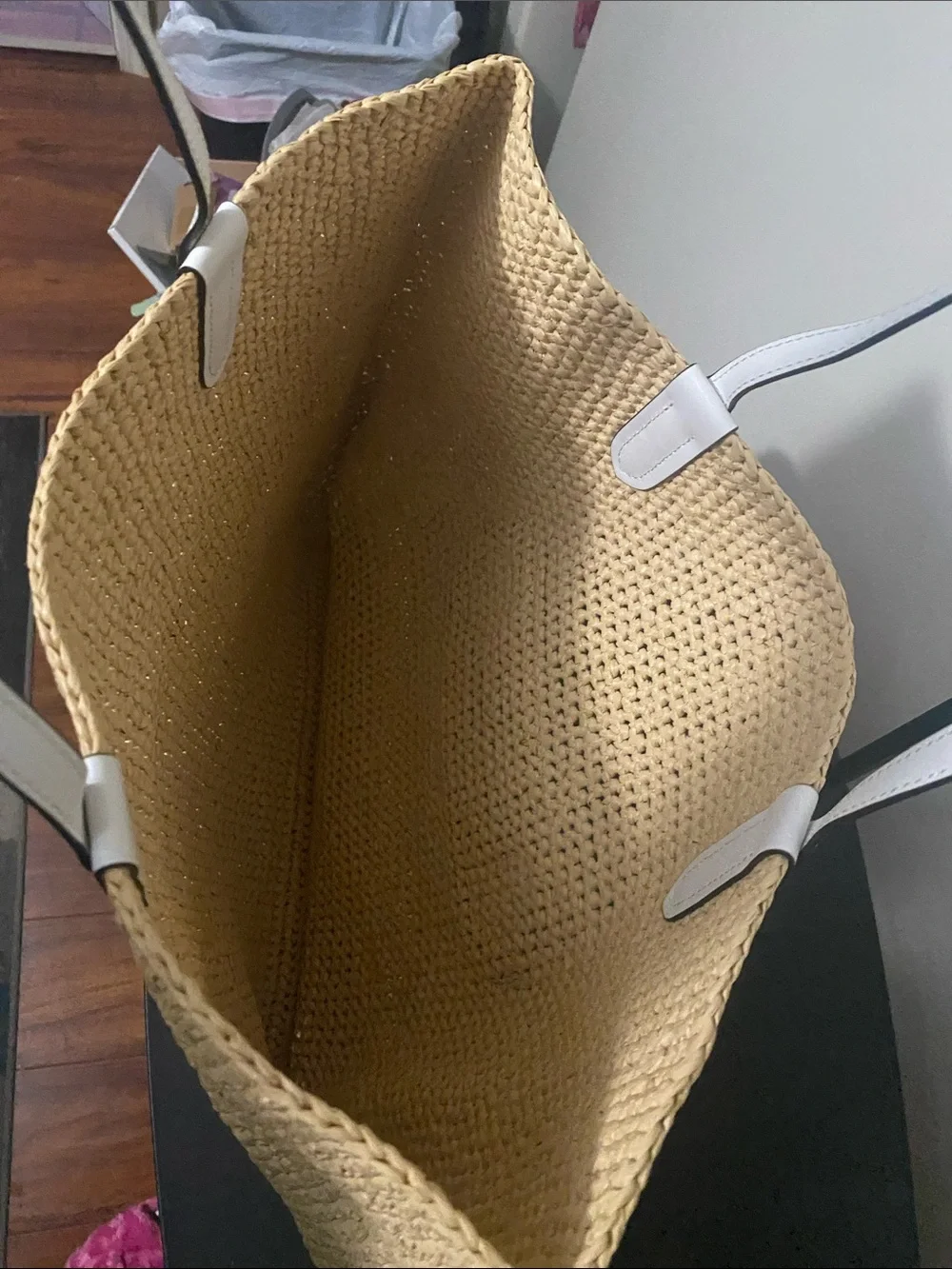 Michael Kors Natural Straw Tote with White Trim and MK Logo